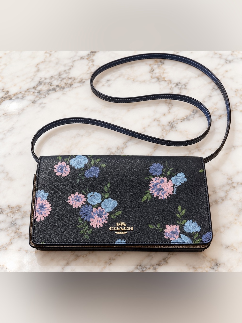Coach Foldover Hayden Crossbody Clutch Navy Blue Pink Flowers